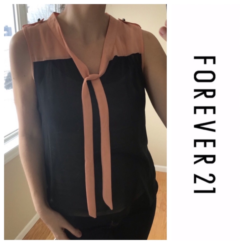 Forever 21 Black and Pink Tie Neck Blouse